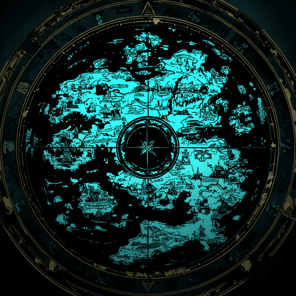Carte circulaire d'un monde imaginaire, tracée en turquoise lumineux autour d'une rose des vents